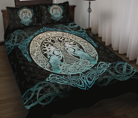Viking Quilt Bed Set, Yggdrasil Ravens Rune
