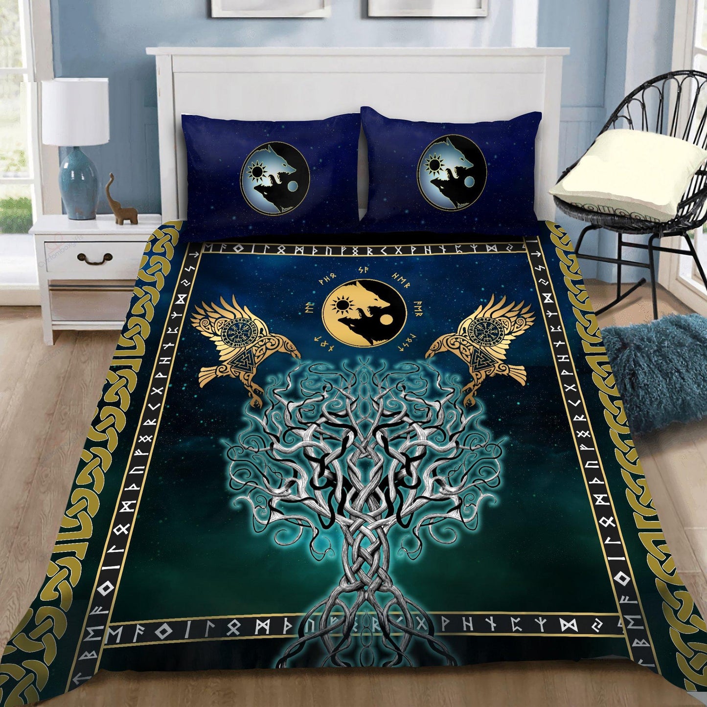 Viking Bedding Set, Tree Of Life Fenrir Skoll And Hati Raven Rune