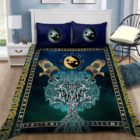 Viking Bedding Set, Tree Of Life Fenrir Skoll And Hati Raven Rune