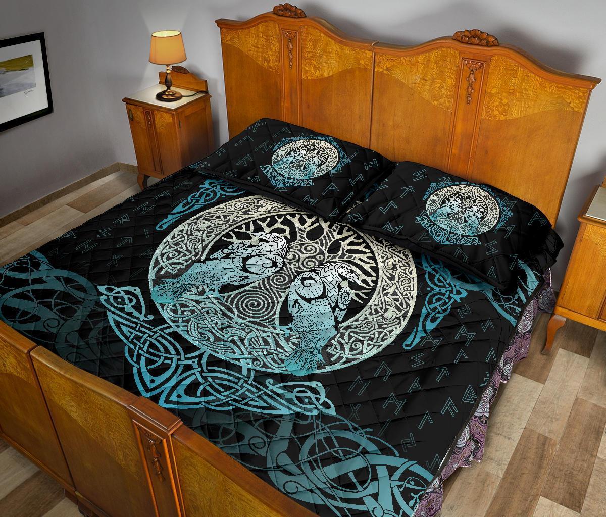 Viking Quilt Bed Set, Yggdrasil Ravens Rune