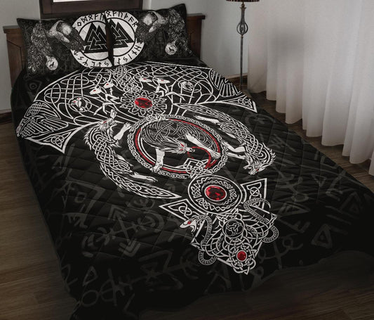 Viking Quilt Bed Set, Fenrir Skoll And Hati Valknut Raven