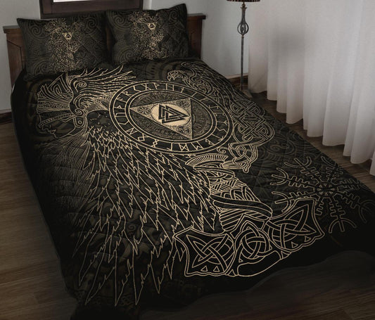 Viking Quilt Bed Set - Valknut with Helm of Awe and Horn Triskelion