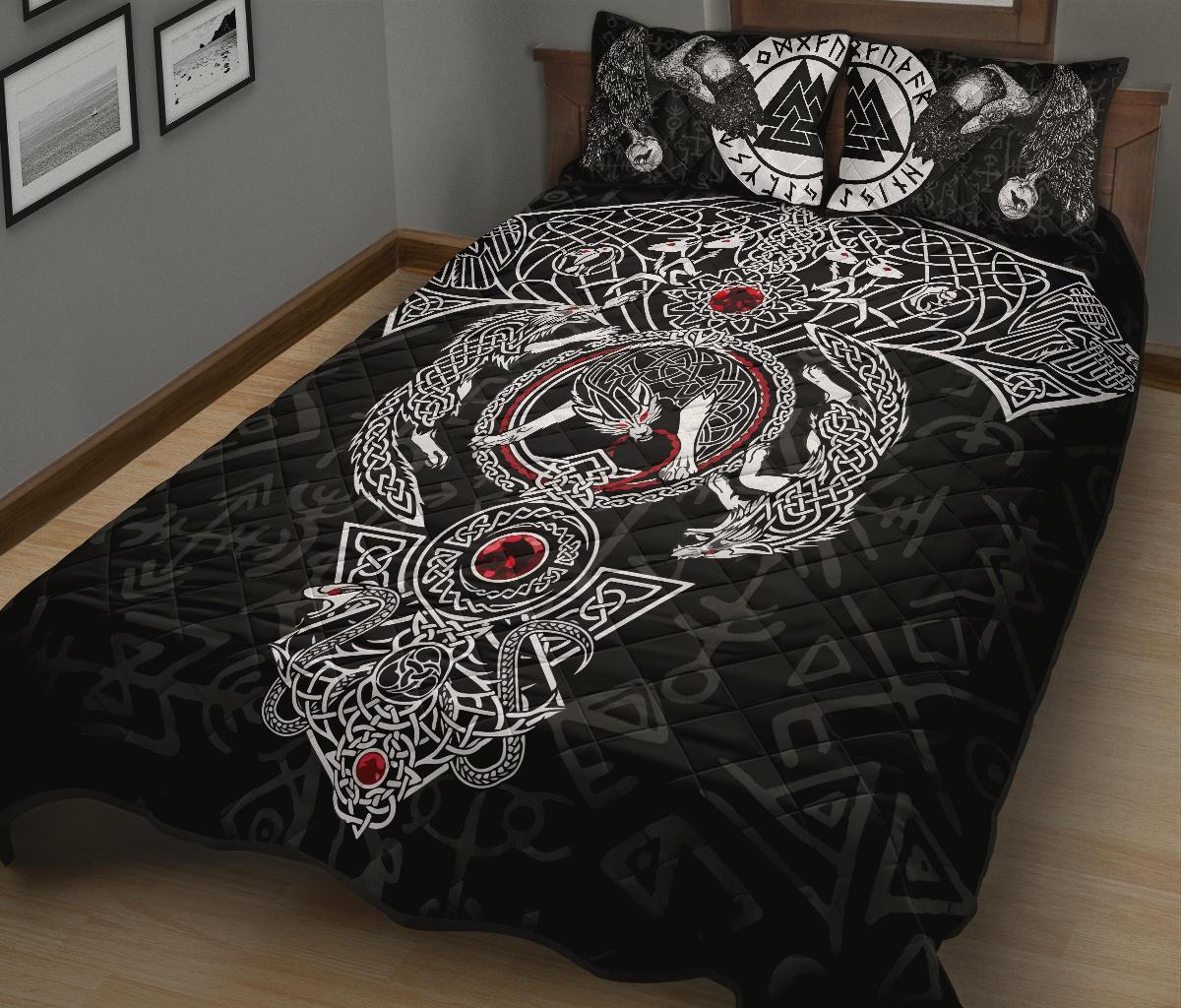 Viking Quilt Bed Set, Fenrir Skoll And Hati Valknut Raven