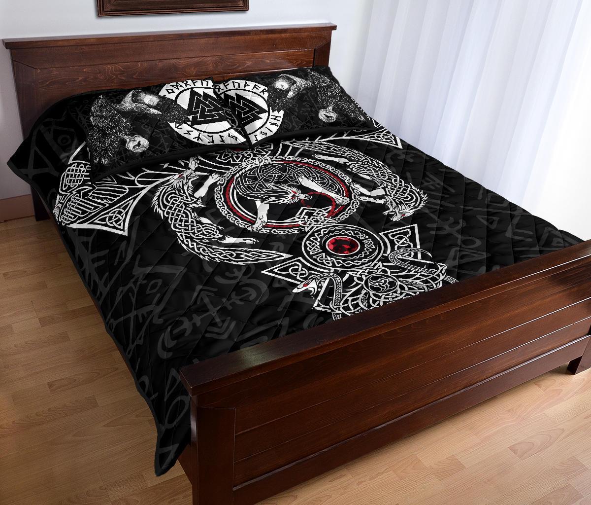 Viking Quilt Bed Set, Fenrir Skoll And Hati Valknut Raven