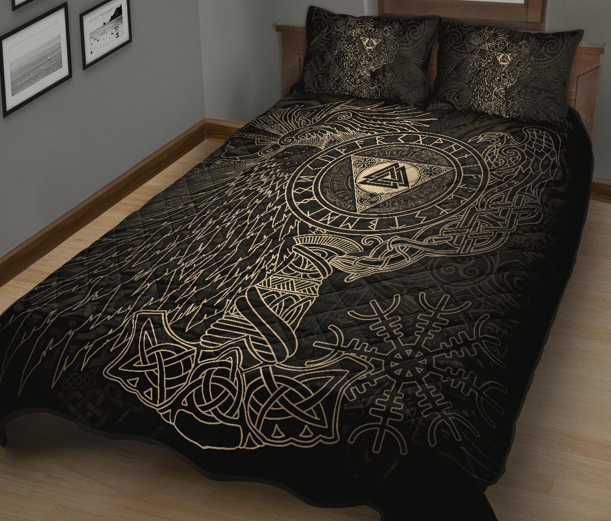 Viking Quilt Bed Set - Valknut with Helm of Awe and Horn Triskelion