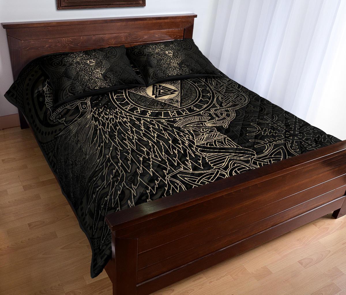 Viking Quilt Bed Set - Valknut with Helm of Awe and Horn Triskelion