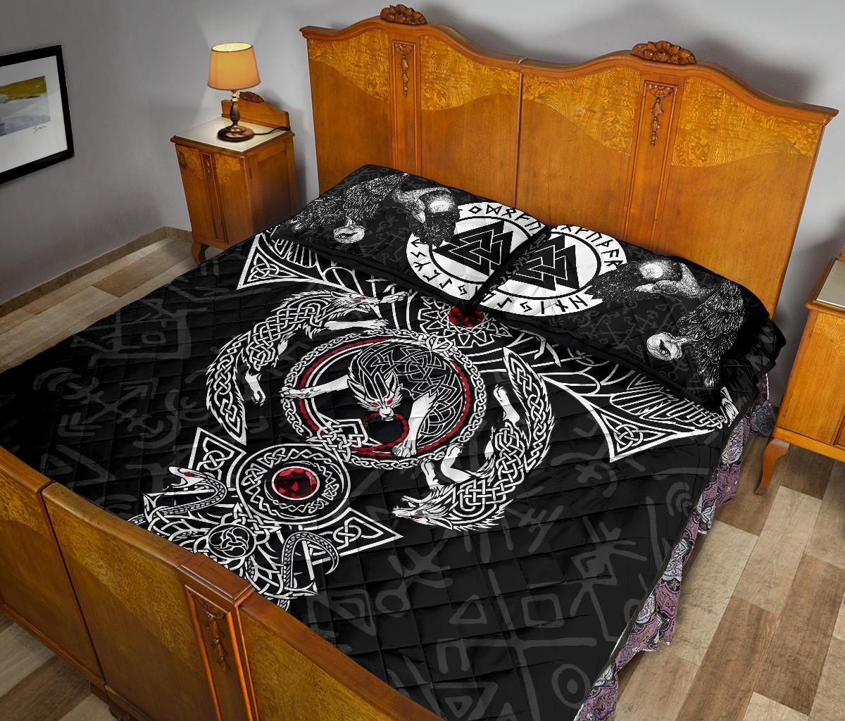 Viking Quilt Bed Set, Fenrir Skoll And Hati Valknut Raven