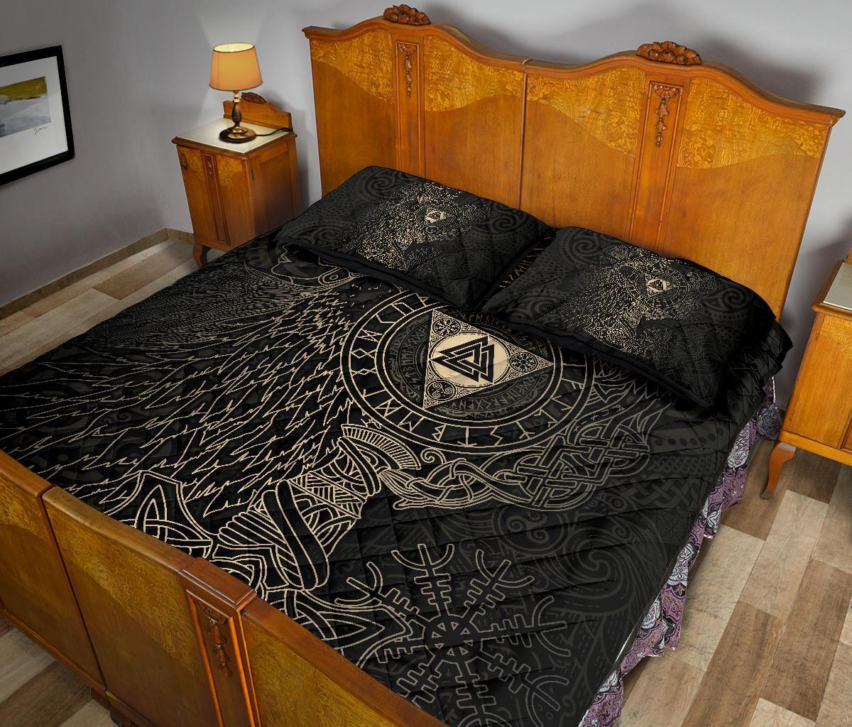 Viking Quilt Bed Set - Valknut with Helm of Awe and Horn Triskelion