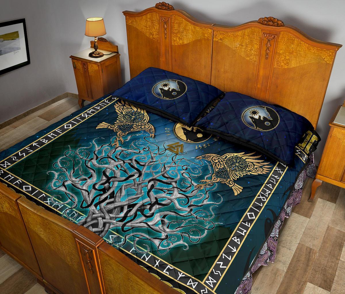 Viking Quilt Bed Set, Tree Of Life Fenrir Skoll And Hati Raven Rune