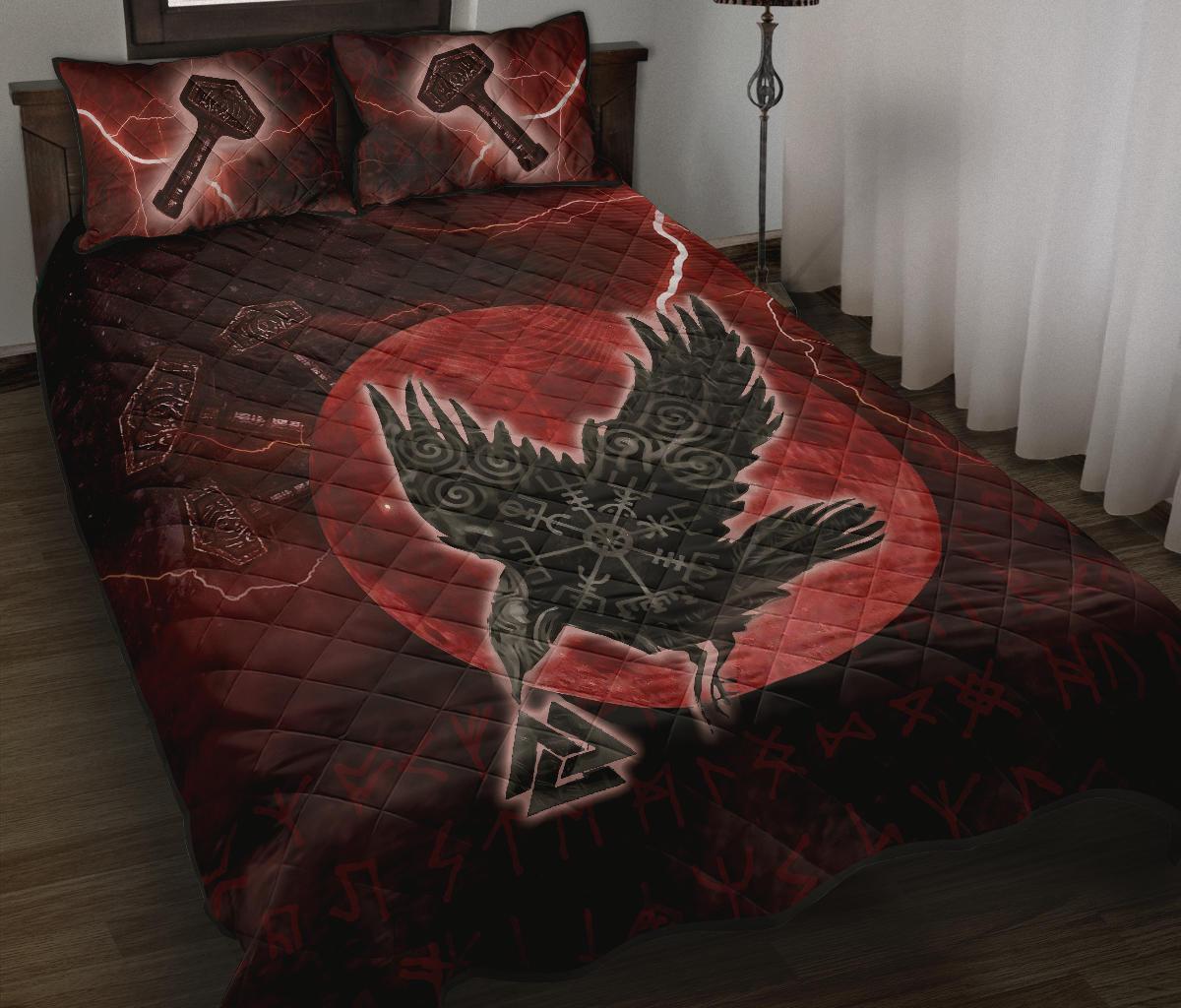 Viking Quilt Bed Set, Raven Helm Of Awe Valknut Mjolnir Rune