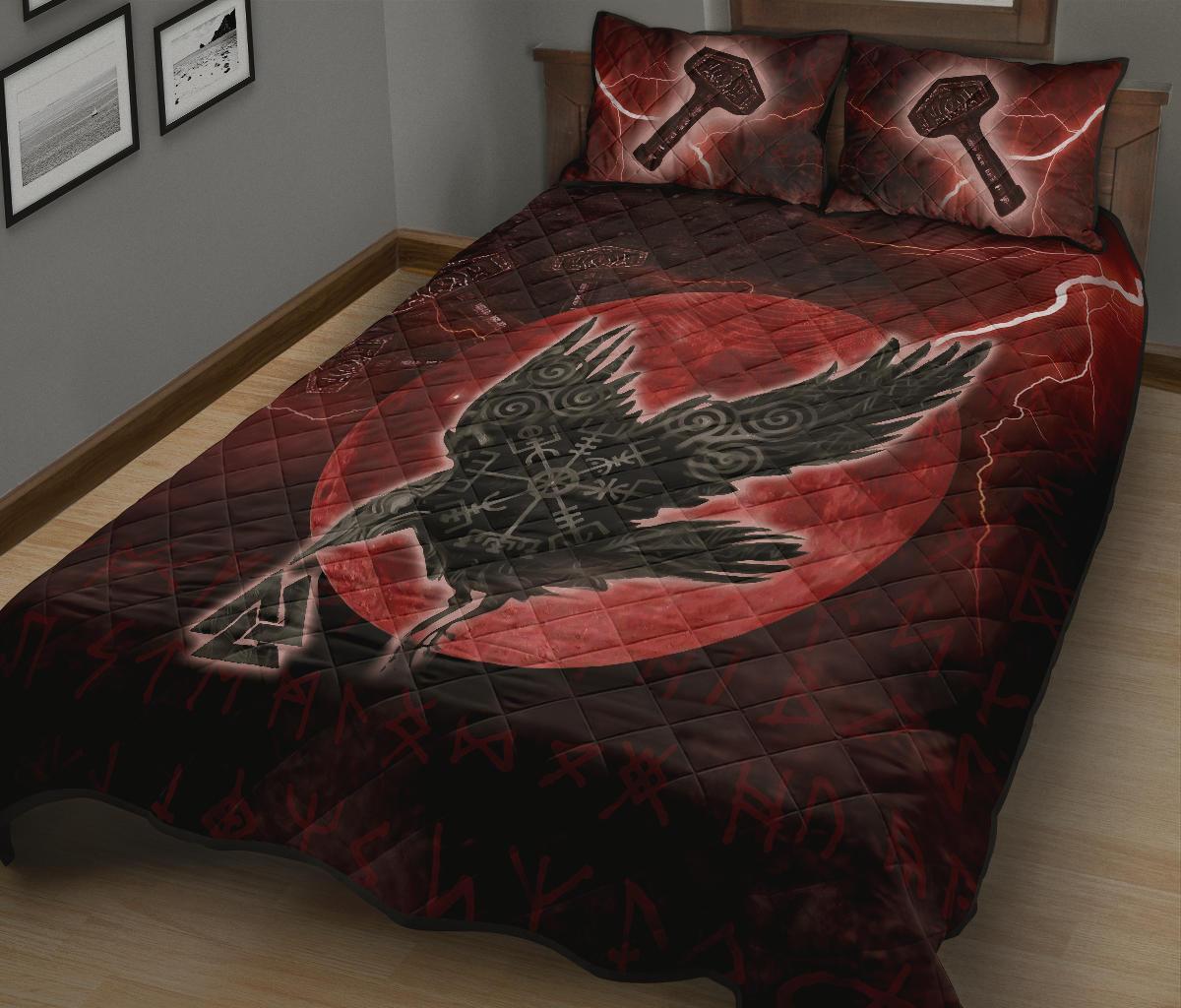 Viking Quilt Bed Set, Raven Helm Of Awe Valknut Mjolnir Rune