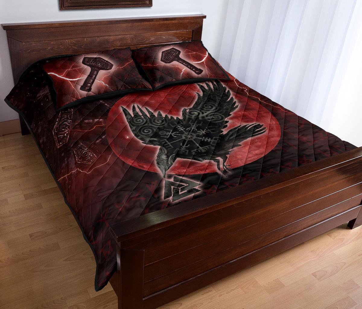 Viking Quilt Bed Set, Raven Helm Of Awe Valknut Mjolnir Rune