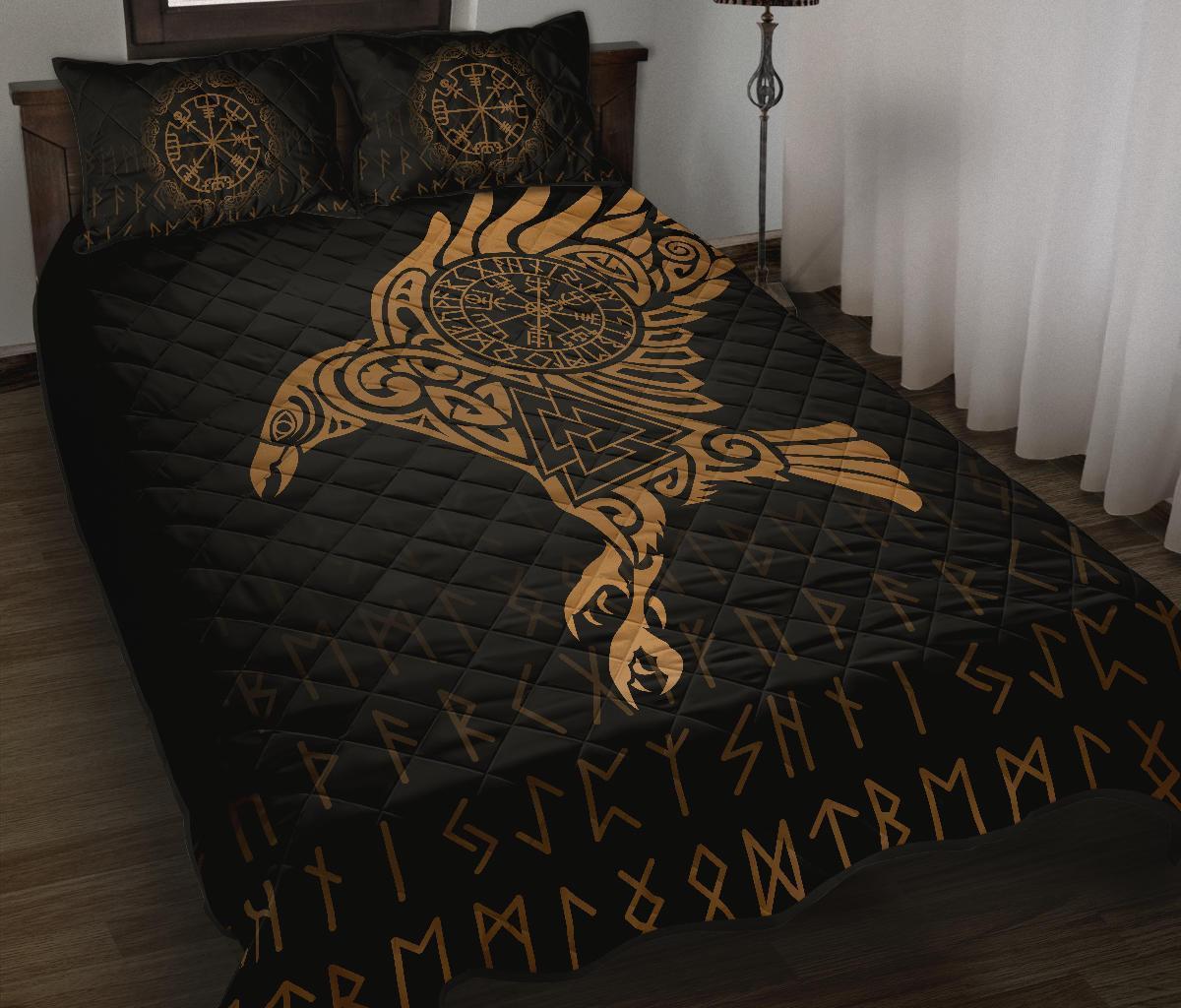 Viking Quilt Bed Set, Raven VegvisirValknut Rune