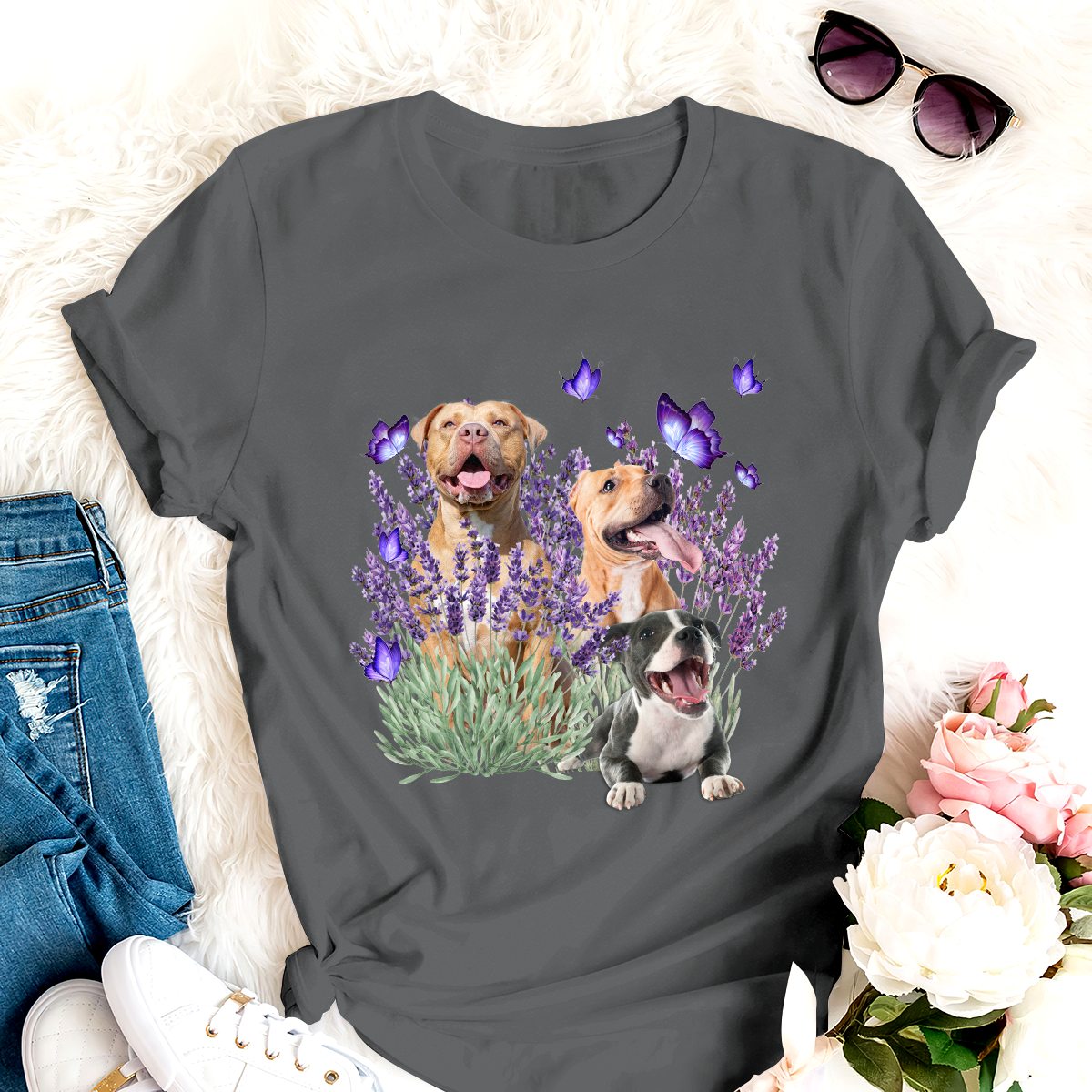 Dog T-shirt Pitbull And Flowers