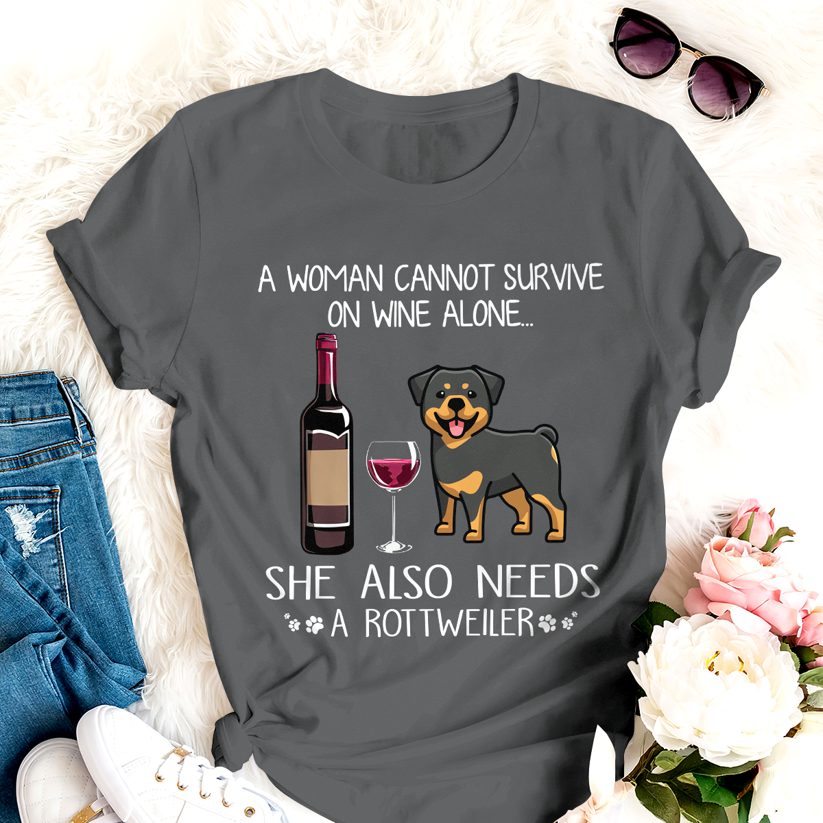 Dog T-shirt Rottweiler A Woman Wine