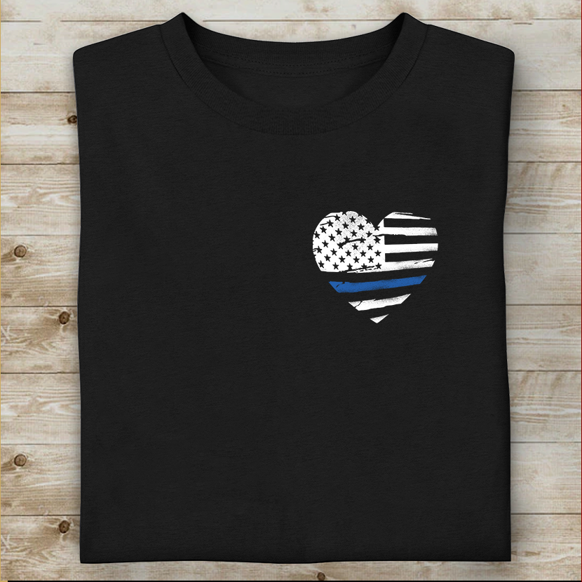 Thin Blue Line Distressed Heart (Front & Back) Standard T-Shirt Police Tee