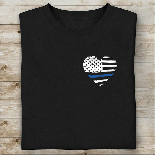 Thin Blue Line Distressed Heart (Front & Back) Standard T-Shirt Police Tee