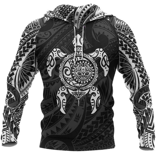 Turtle Maori Tattoo All Over Hoodie White HC0803 - Amaze Style™-Apparel