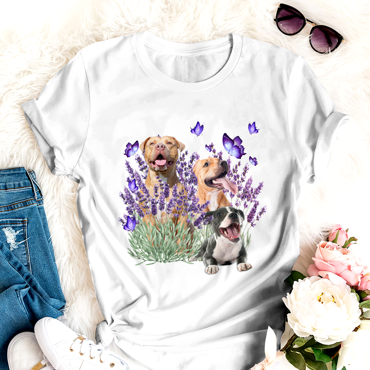 Dog T-shirt Pitbull And Flowers