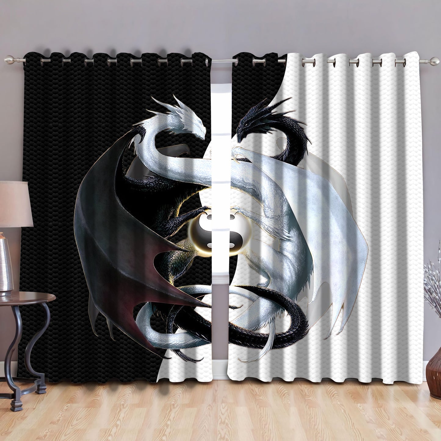 Black & White Dragon Art Blackout Thermal Grommet Window Curtains NM20042305C-NM-52'' x 63''-Vibe Cosy™