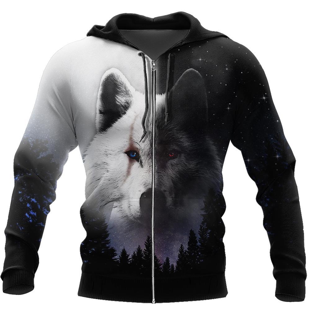 Black & White Wolf 3D Over Printed Hoodie Cloak for Men and Women-ML