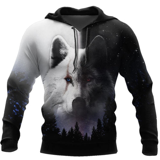 Black & White Wolf 3D Over Printed Hoodie Cloak for Men and Women-ML