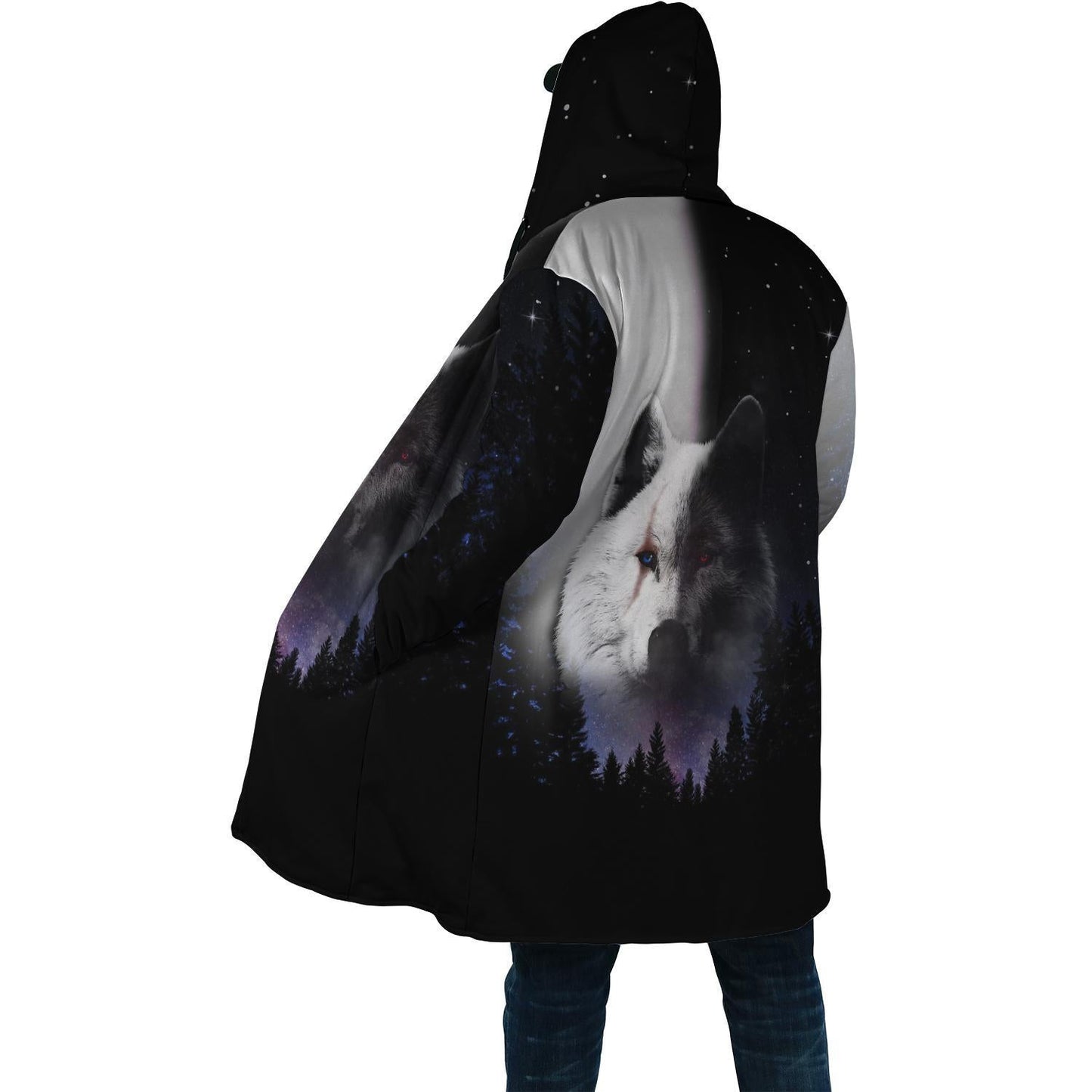 Black & White Wolf 3D Over Printed Hoodie Cloak for Men and Women-ML