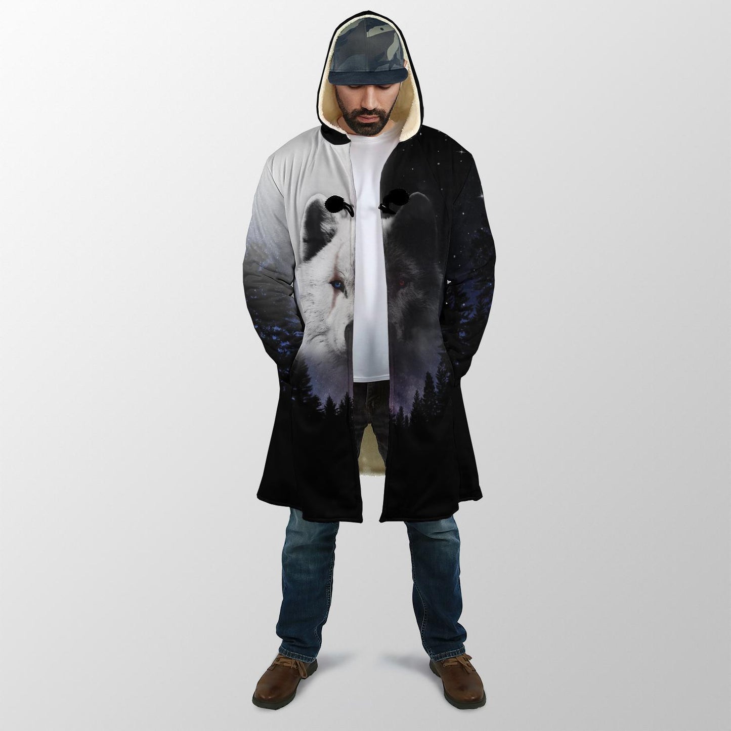 Black & White Wolf 3D Over Printed Hoodie Cloak for Men and Women-ML