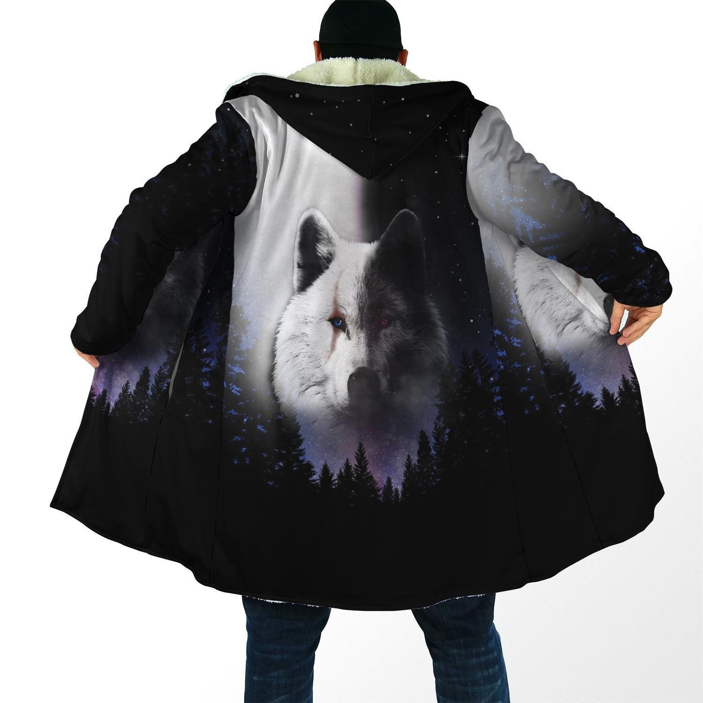 Black & White Wolf 3D Over Printed Hoodie Cloak for Men and Women-ML