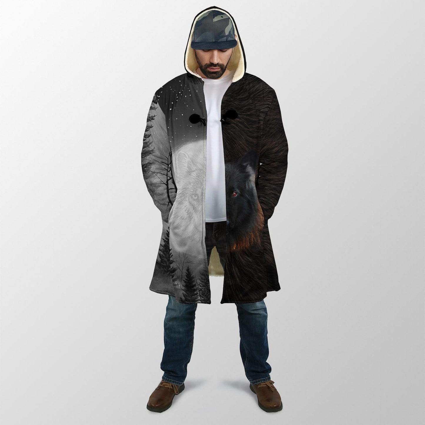 Black and White Wolf 3D Over Printed Hoodie for Men and Women-ML