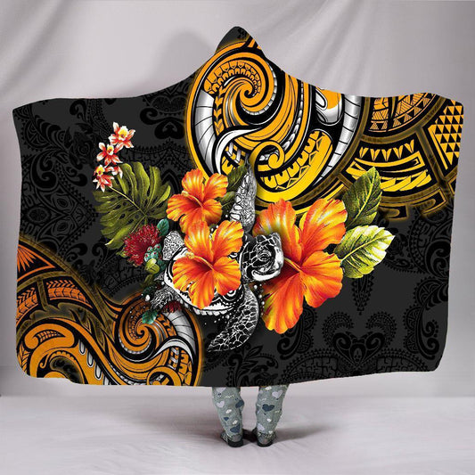 Amazing Polynesian Turtle Hibiscus 3D Over Printed Hooded Blanket for Men and Women ML