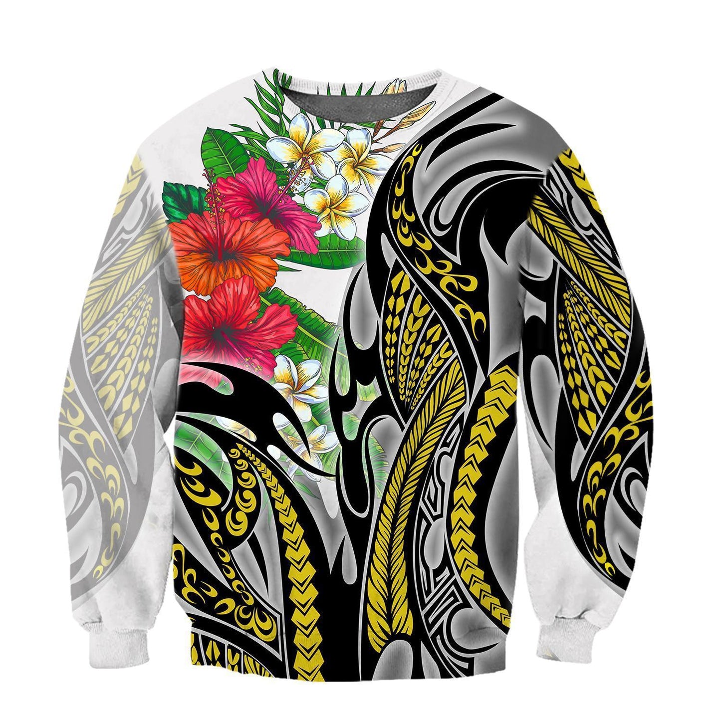 Amazing Polynesian Turquoise Gold Tribal Pattern and Hisbiscus Plumeria Hoodie for Men and Women ML