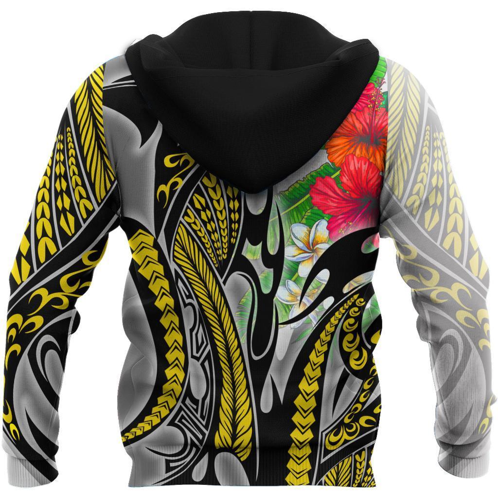 Amazing Polynesian Turquoise Gold Tribal Pattern and Hisbiscus Plumeria Hoodie for Men and Women-ML
