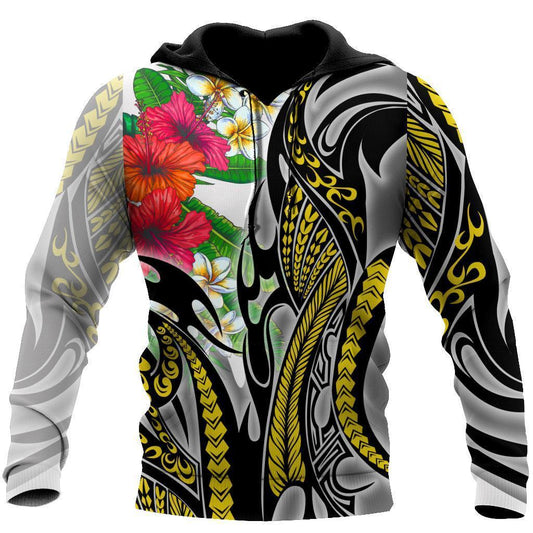 Amazing Polynesian Turquoise Gold Tribal Pattern and Hisbiscus Plumeria Hoodie for Men and Women ML