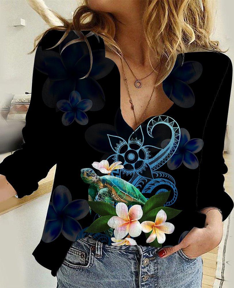 Amazing Polynesian Turtle With Plumeria Flowers Linen Shirt ML