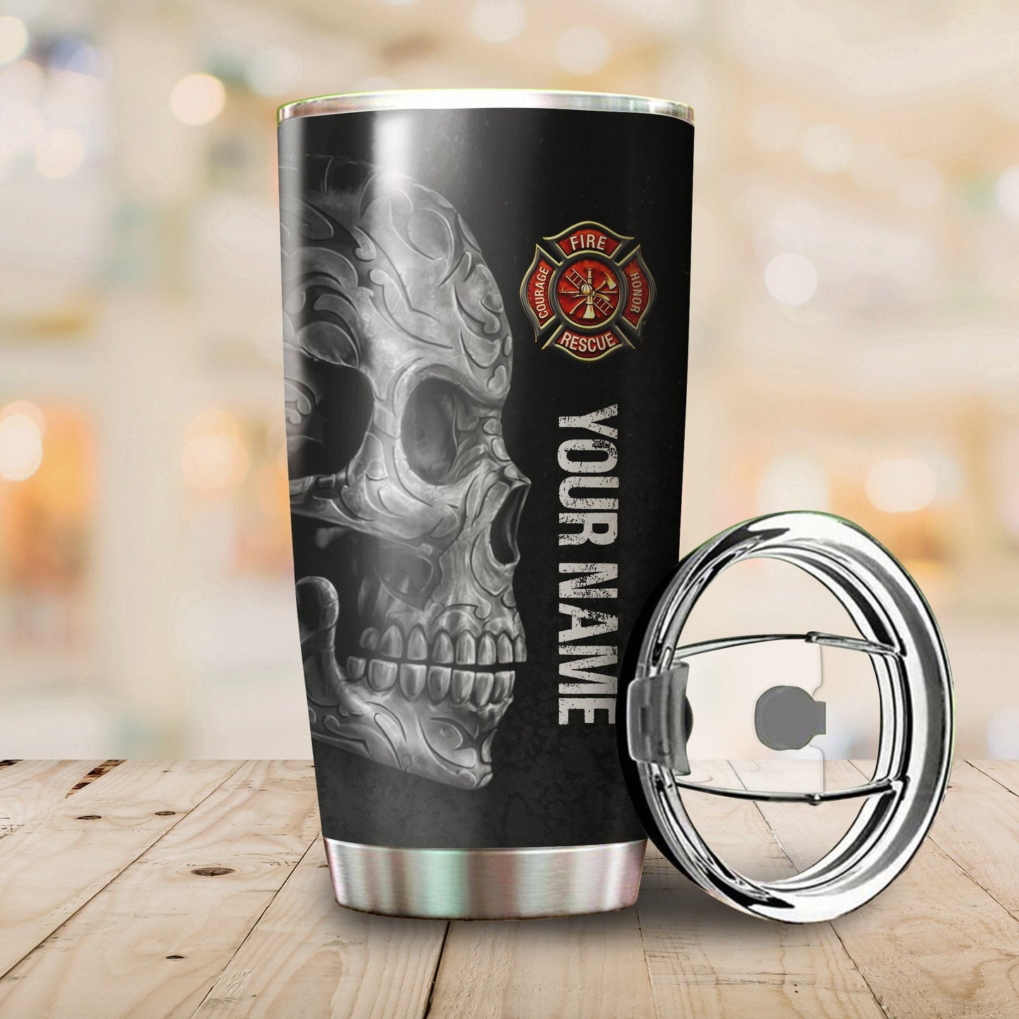 Firefighter Skull Customize Name Stainless Steel Tumbler