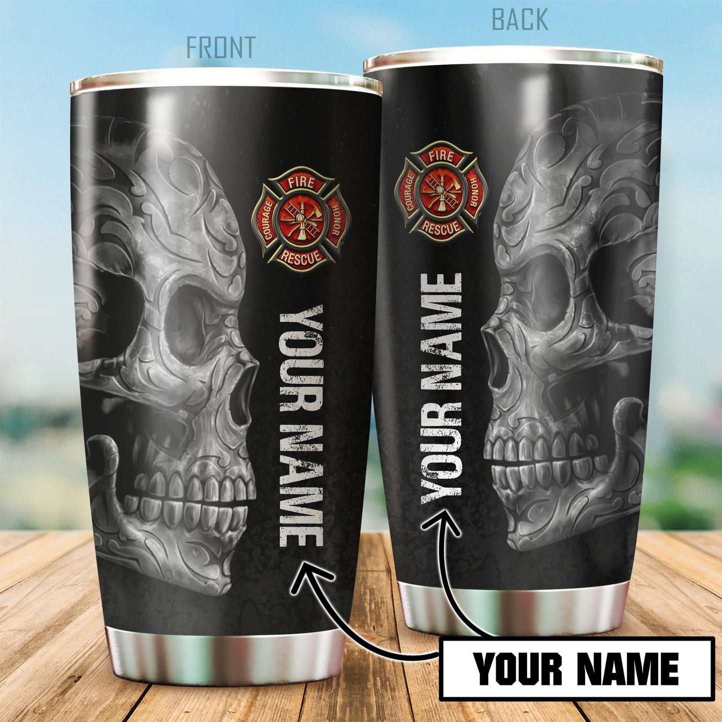 Firefighter Skull Customize Name Stainless Steel Tumbler