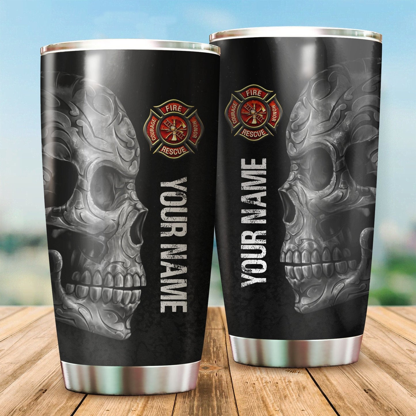 Firefighter Skull Customize Name Stainless Steel Tumbler