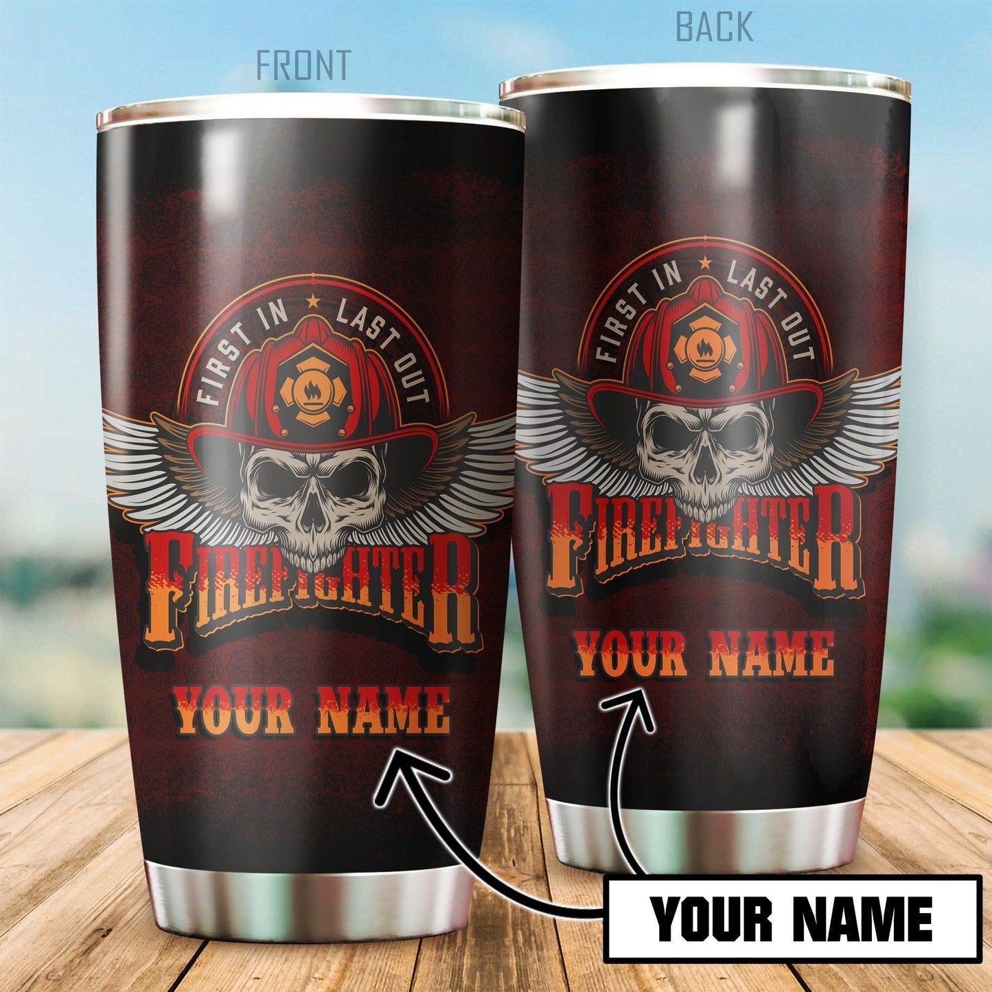 Firefighter Cool Skull Customize Name Stainless Steel Tumbler