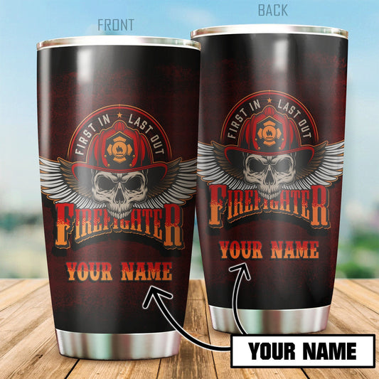 Firefighter Cool Skull Customize Name Stainless Steel Tumbler
