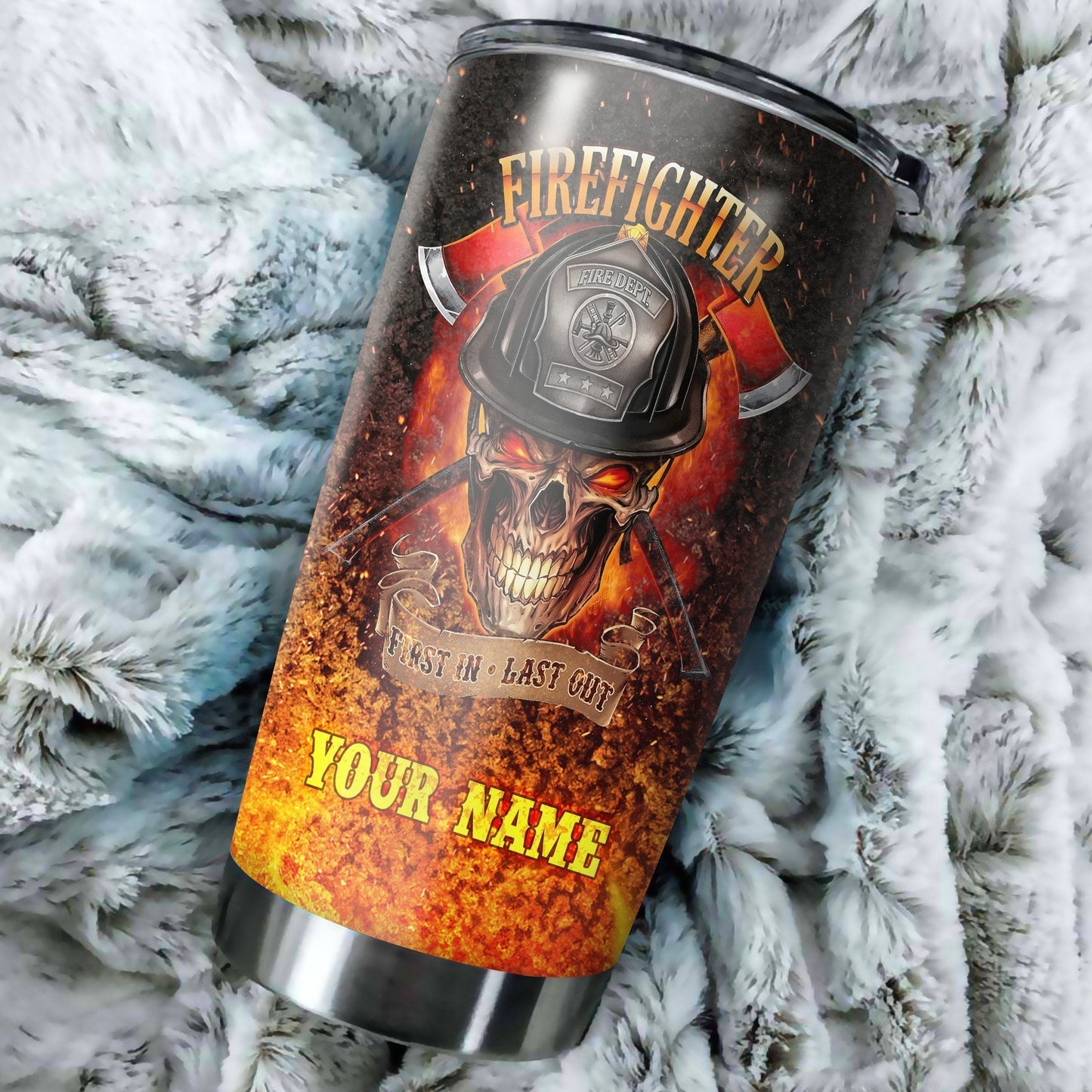 Firefighter Skull On Fire Customize Name Stainless Steel Tumbler