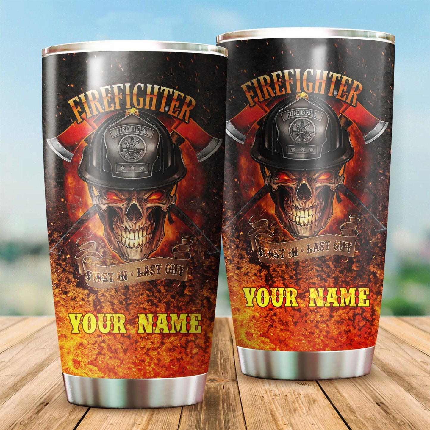 Firefighter Skull On Fire Customize Name Stainless Steel Tumbler