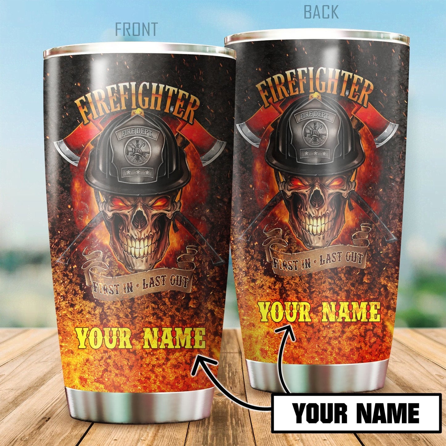 Firefighter Skull On Fire Customize Name Stainless Steel Tumbler