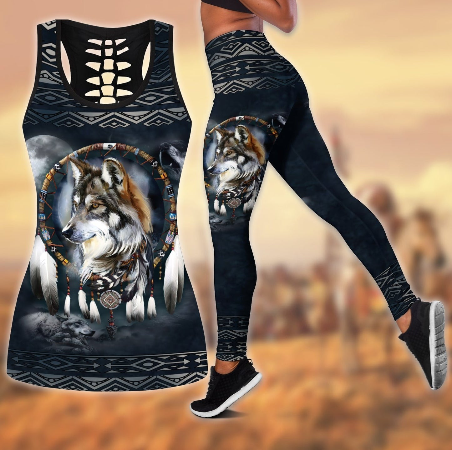 Wolf Native American 3D All Over Printed Legging + Hollow Tank