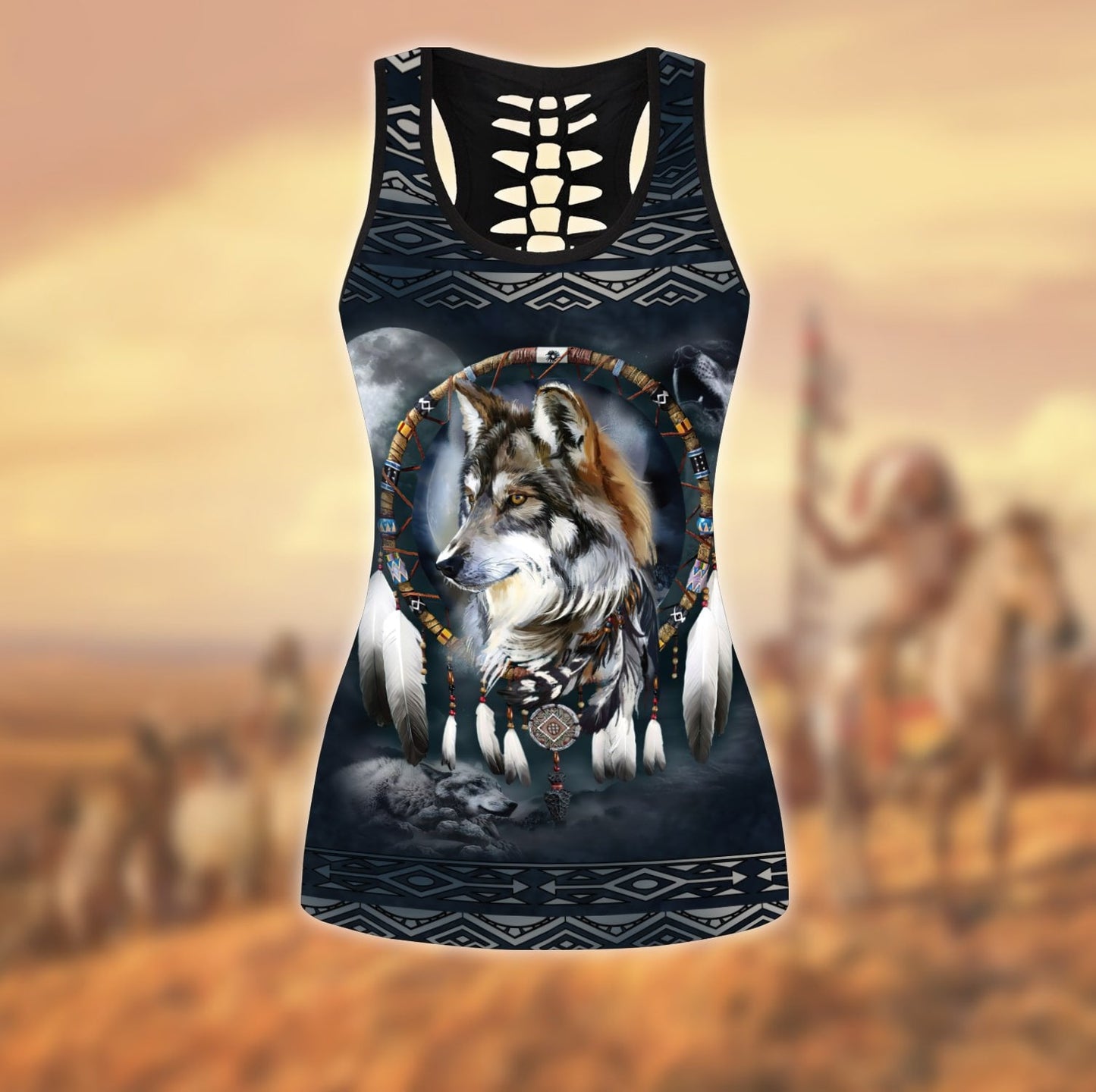 Wolf Native American 3D All Over Printed Legging + Hollow Tank