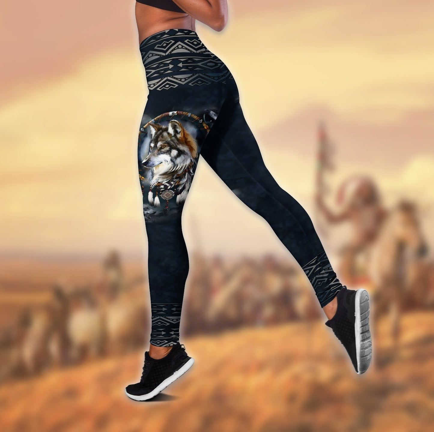 Wolf Native American 3D All Over Printed Legging + Hollow Tank