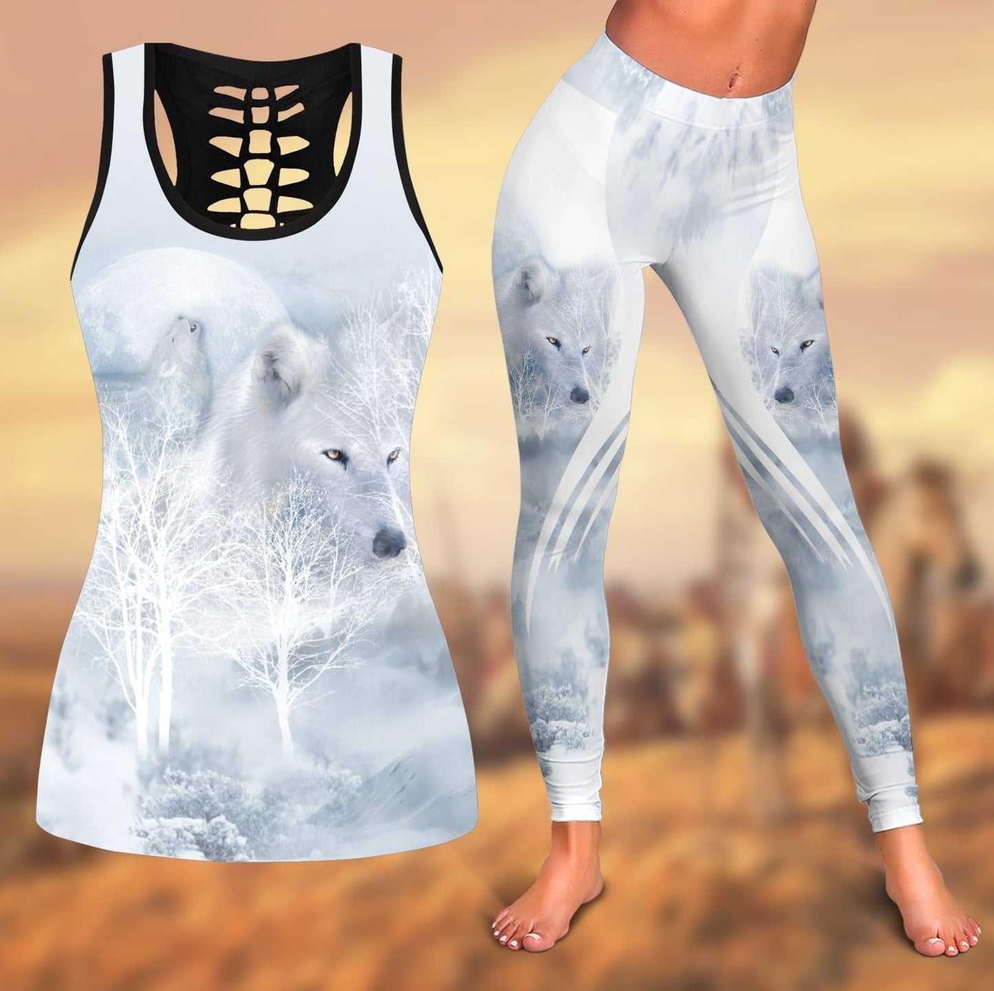 Wolf Native American 3D All Over Printed Legging + Hollow Tank
