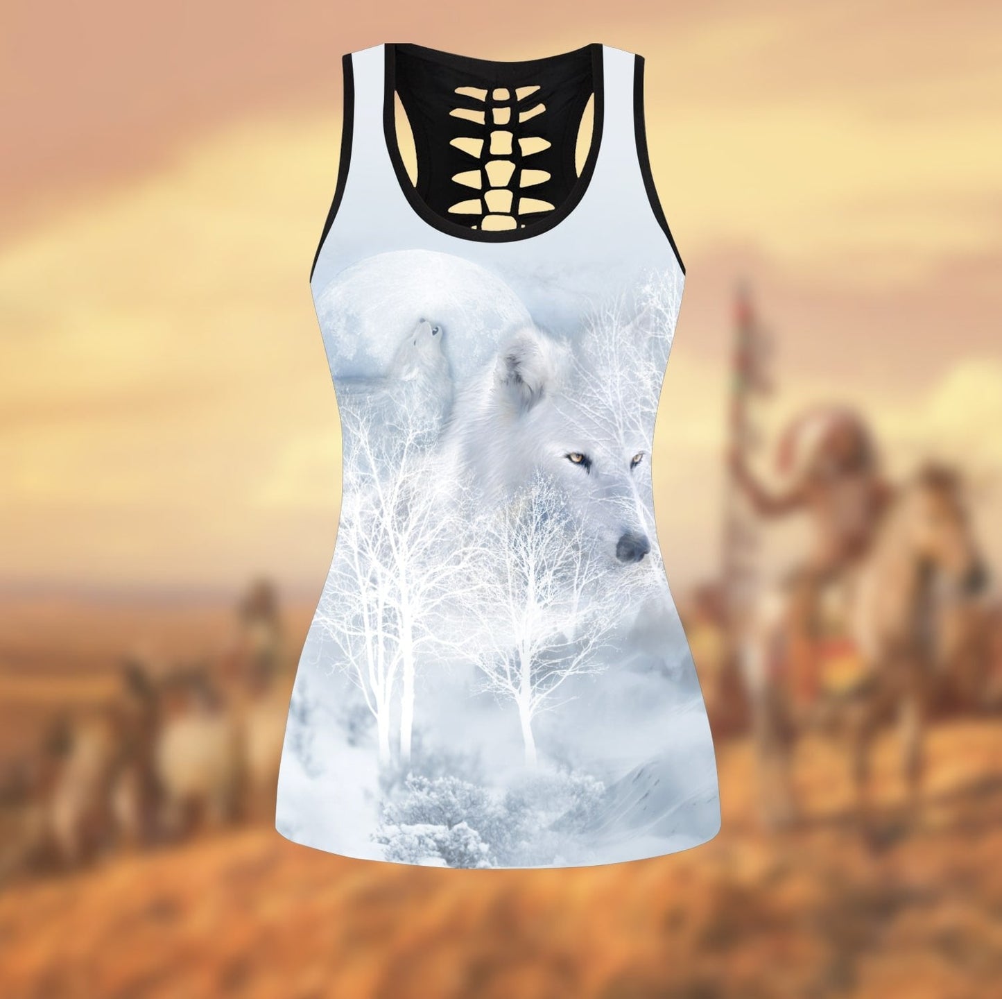 Wolf Native American 3D All Over Printed Legging + Hollow Tank