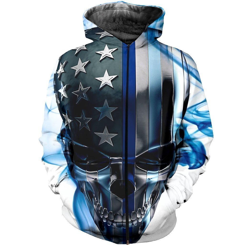 3D All Over Printed Skull Thin Blue Line - Amaze Style™-Apparel